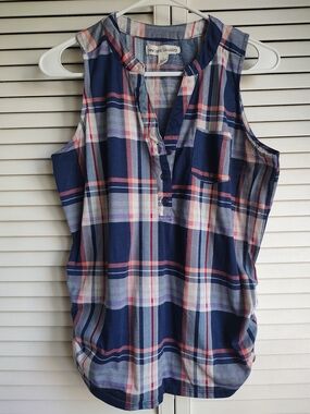 New York & Company Navy Plaid Sleeveless Henley Tank with Pink and Cream Accents